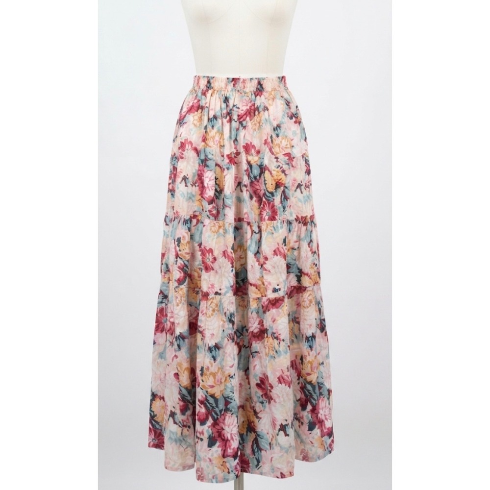 Unbranded Pink Floral Tiered Maxi Skirt Elastic Waist Lined 2XL Boho